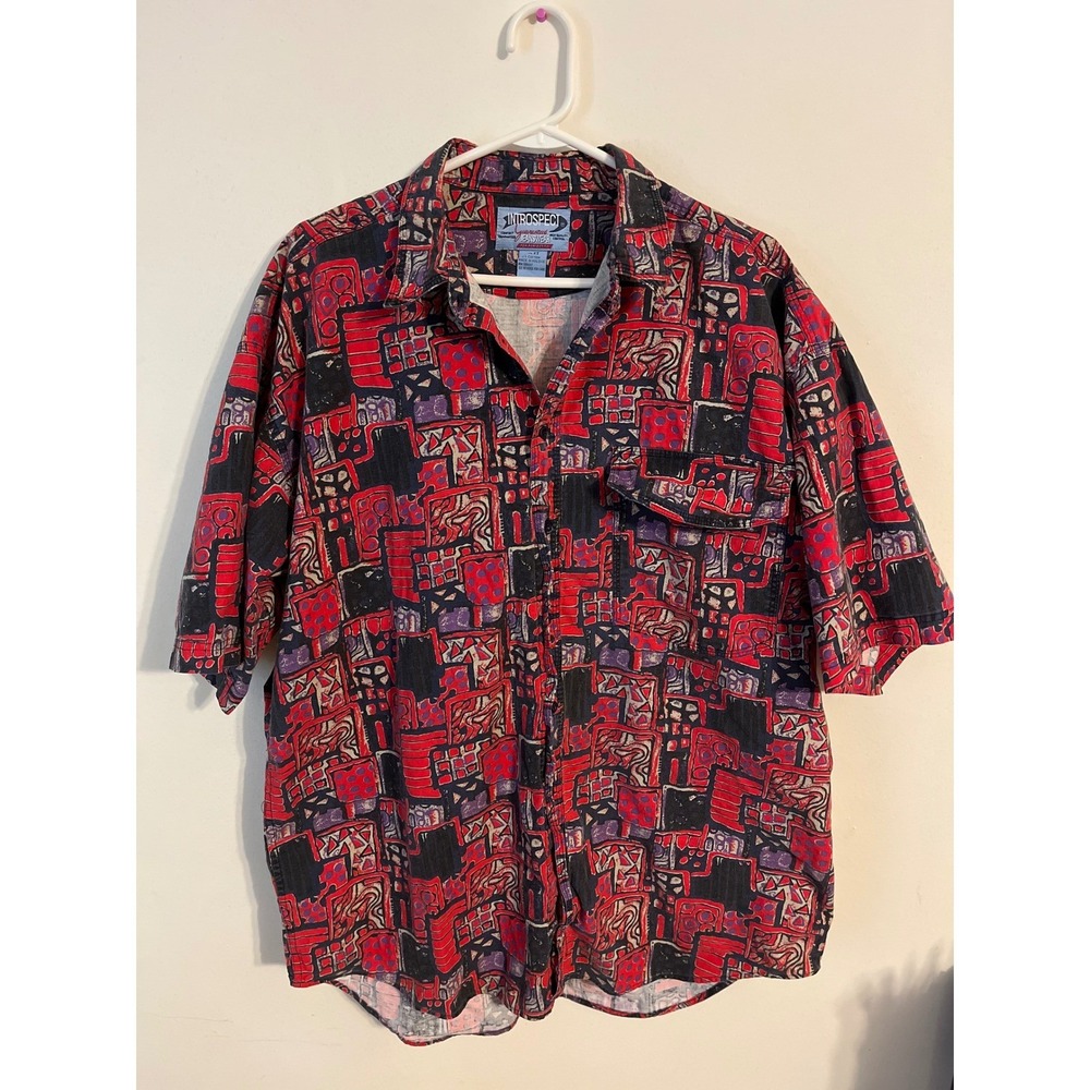 Introspect Jeanswear Button Down Shirt 90s Geometric Red XL 100% Cotton